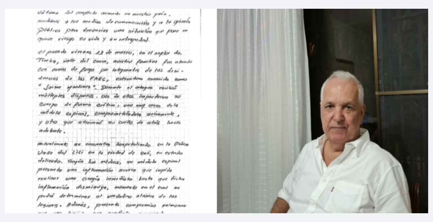 Javier Tascón, víctima de disparos de disidentes en retén ilegal. Podría quedar en silla de ruedas.