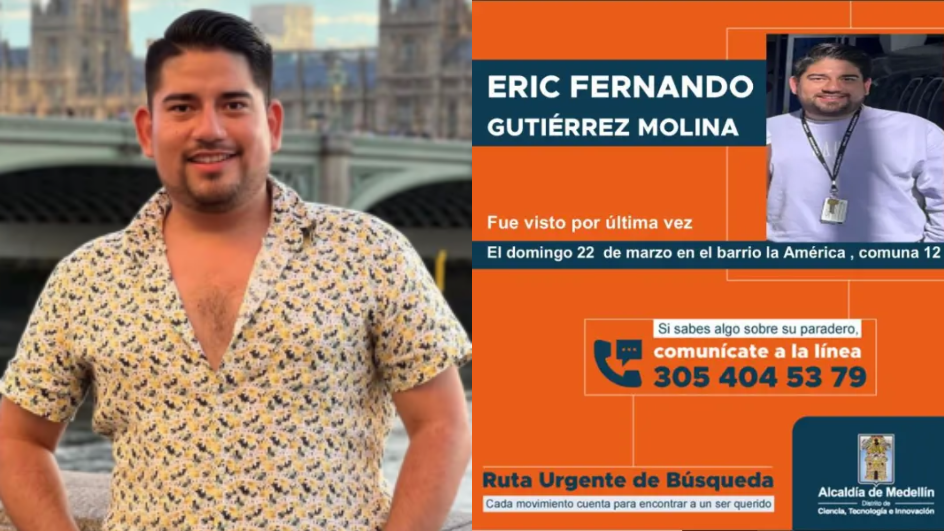 Eric Gutiérrez Molina desapareció en el Valle de Aburrá en la madrugada del 22 de marzo.