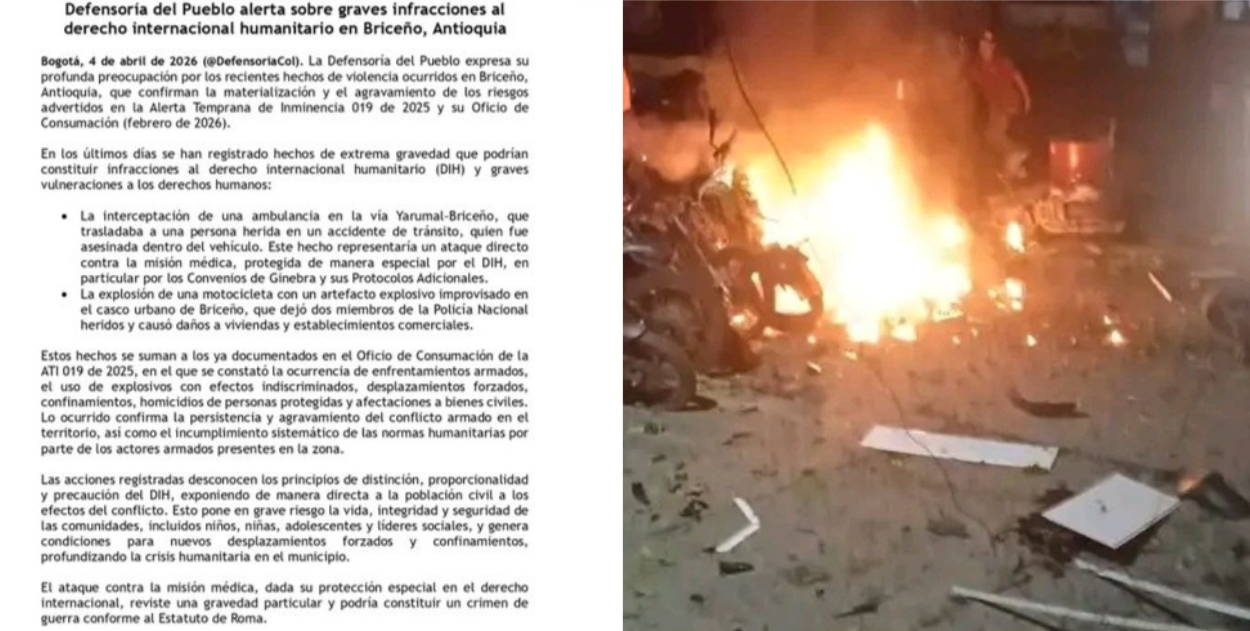 Llamado de la Defensoría por violaciones a los derechos humanos en Briceño, tras moto bomba y ataque a misión médica.