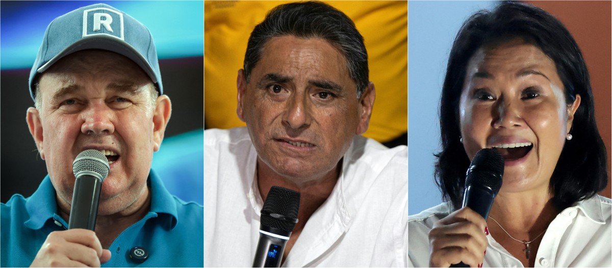 Los candidatos presidenciales de Perú (de izquierda a derecha): Rafael López Aliaga, Carlos Álvarez y Keiko Fujimori
