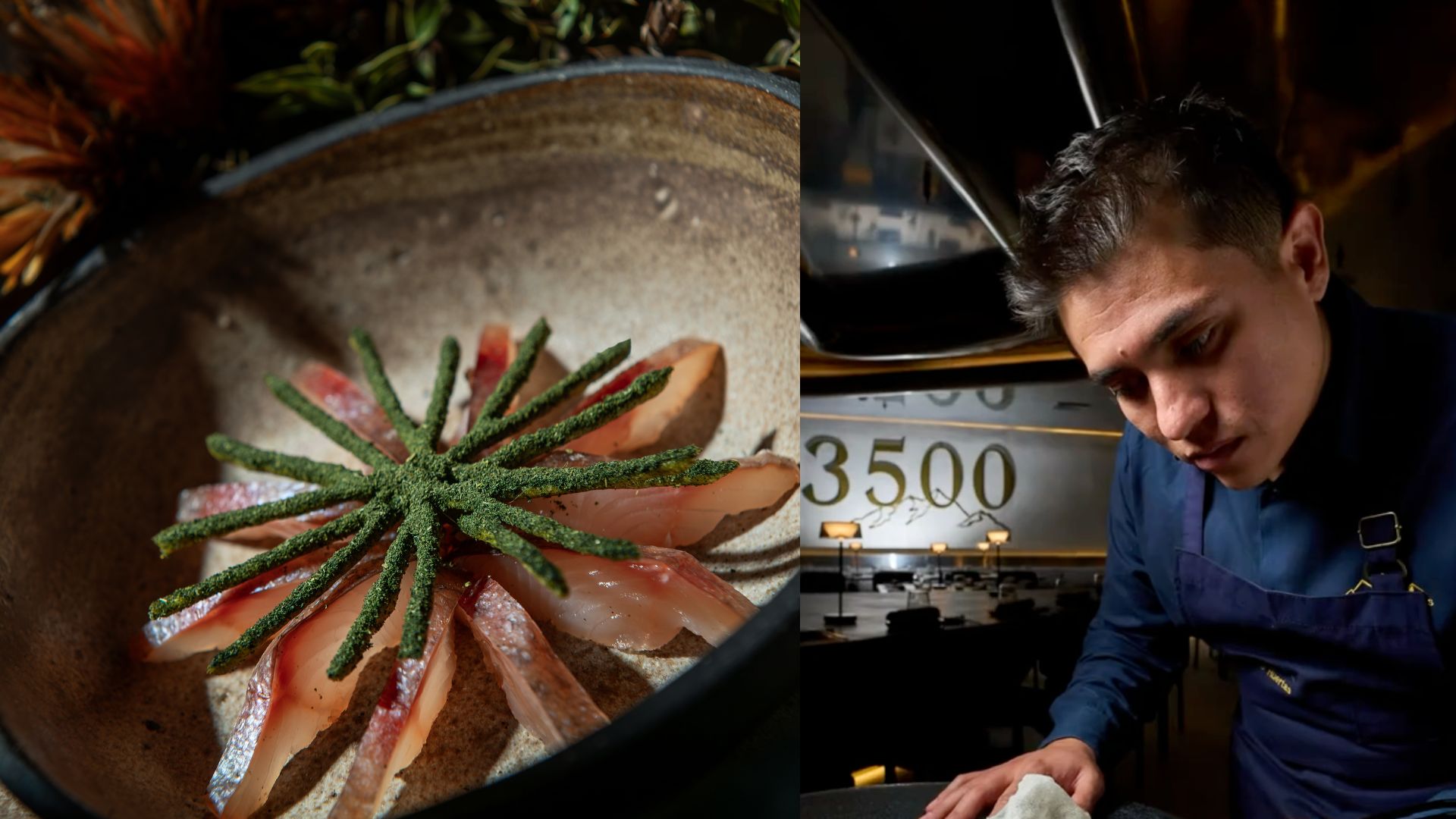 A la izquierda un plato de comida. A la derecha: chef de un restaurante en Quito.