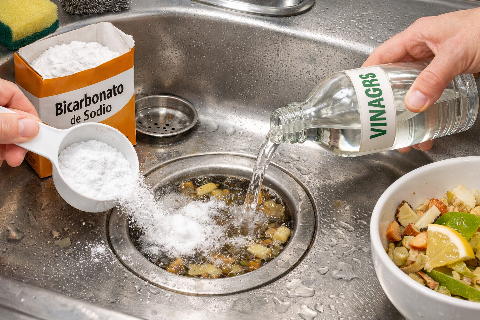 The recipe with vinegar and baking soda to unclog the dishwasher when it is clogged with waste