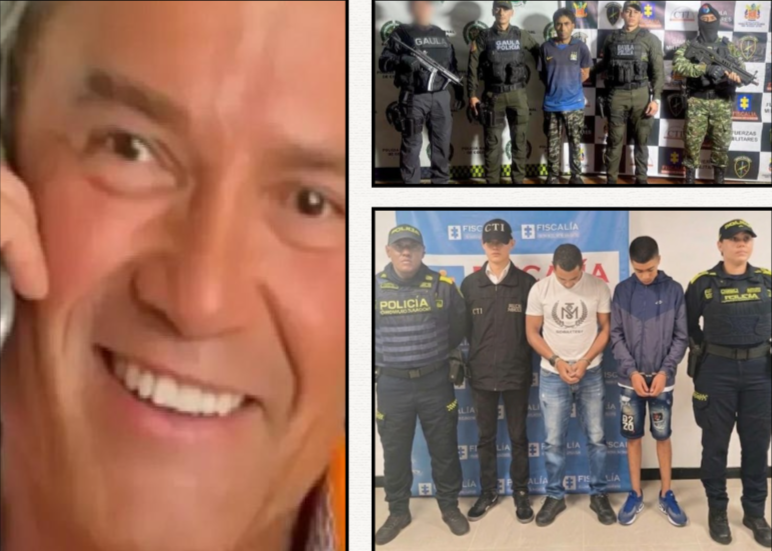 El empresario y abogado Jorge Uribe Bejarano. A la derecha, los tres capturados como presuntos autores materiales del crimen.