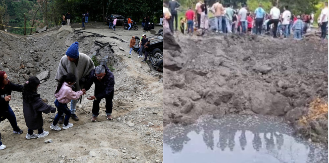 A la izquierda, el cráter en la vía Panamericana por atentado del 25 de abril que dejó 19 muertos. A la derecha, atentado el 23 de marzo con un policía muerto y 15 heridos en la Panamericana, dejando otro cráter.