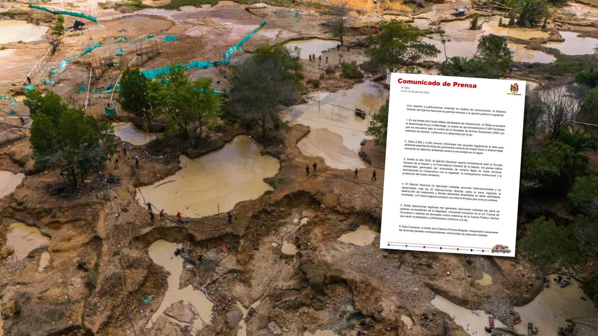 La Séptima División del Ejército Nacional reconoció la presencia de más de 2.000 mineros ilegales en inmediaciones del Cantón Militar del Batallón Rifles, en el Bajo Cauca.