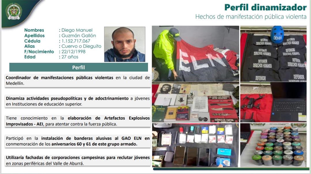 El alcalde Federico Gutiérrez reveló que alias ‘Cuervo’, capturado en Medellín, poseía material terrorista y logístico vinculado con el grupo armado ilegal.