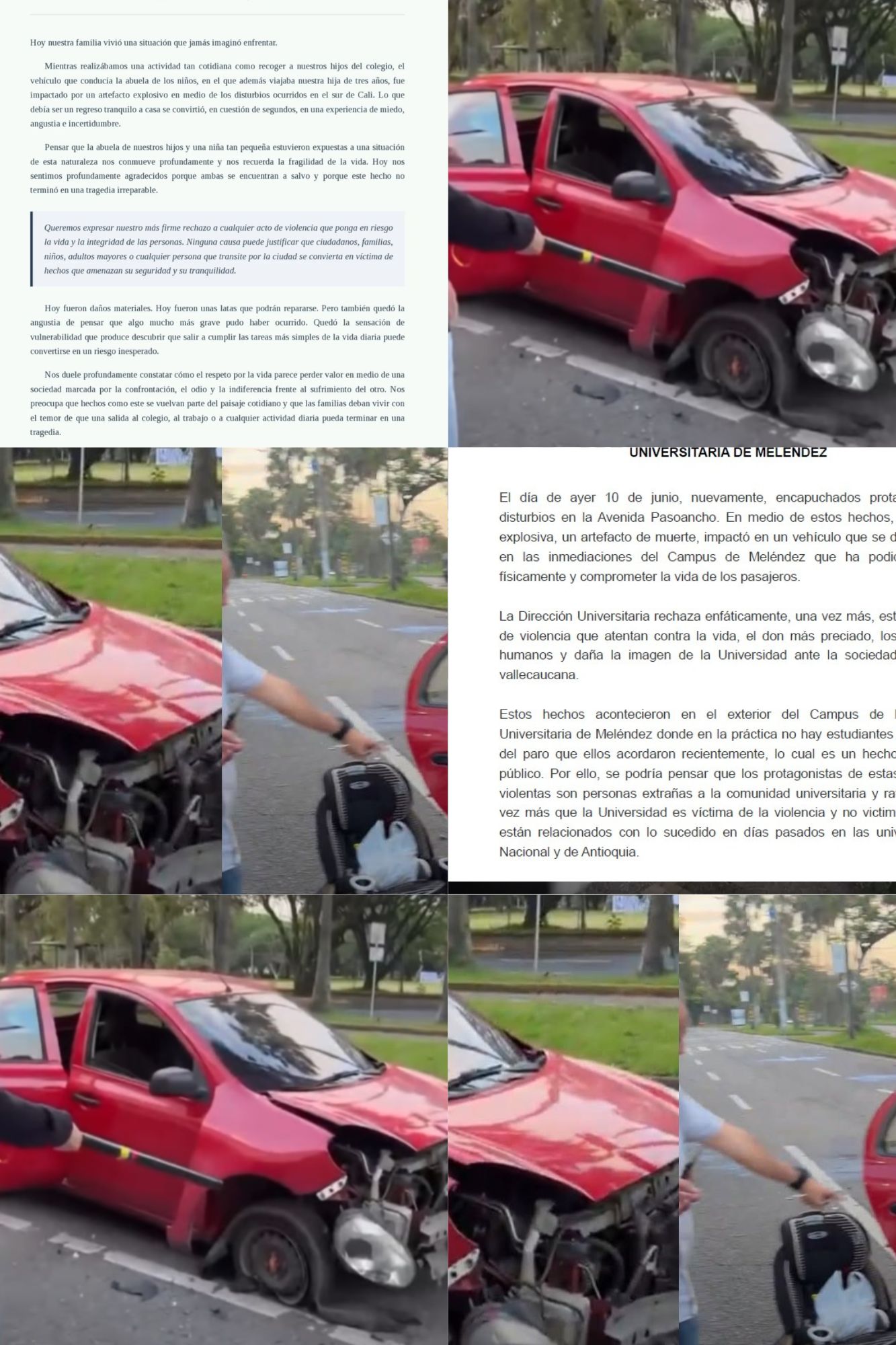 El carro en el que iban la niña de 3 años y su abuela, cuando fue blanco de una bomba incendiaria.