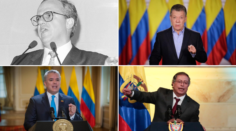 Former presidents of Colombia: Ernesto Samper, Juan M. Santos, Iván Duque and Gustavo Petro