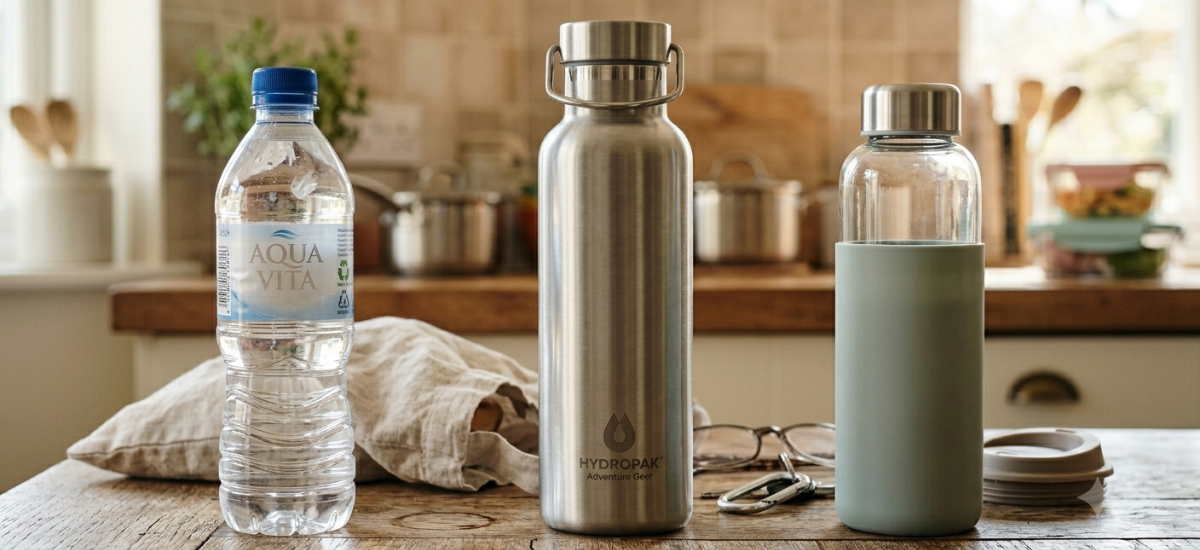Tres botellas reutilizables de acero inoxidable, vidrio y plástico