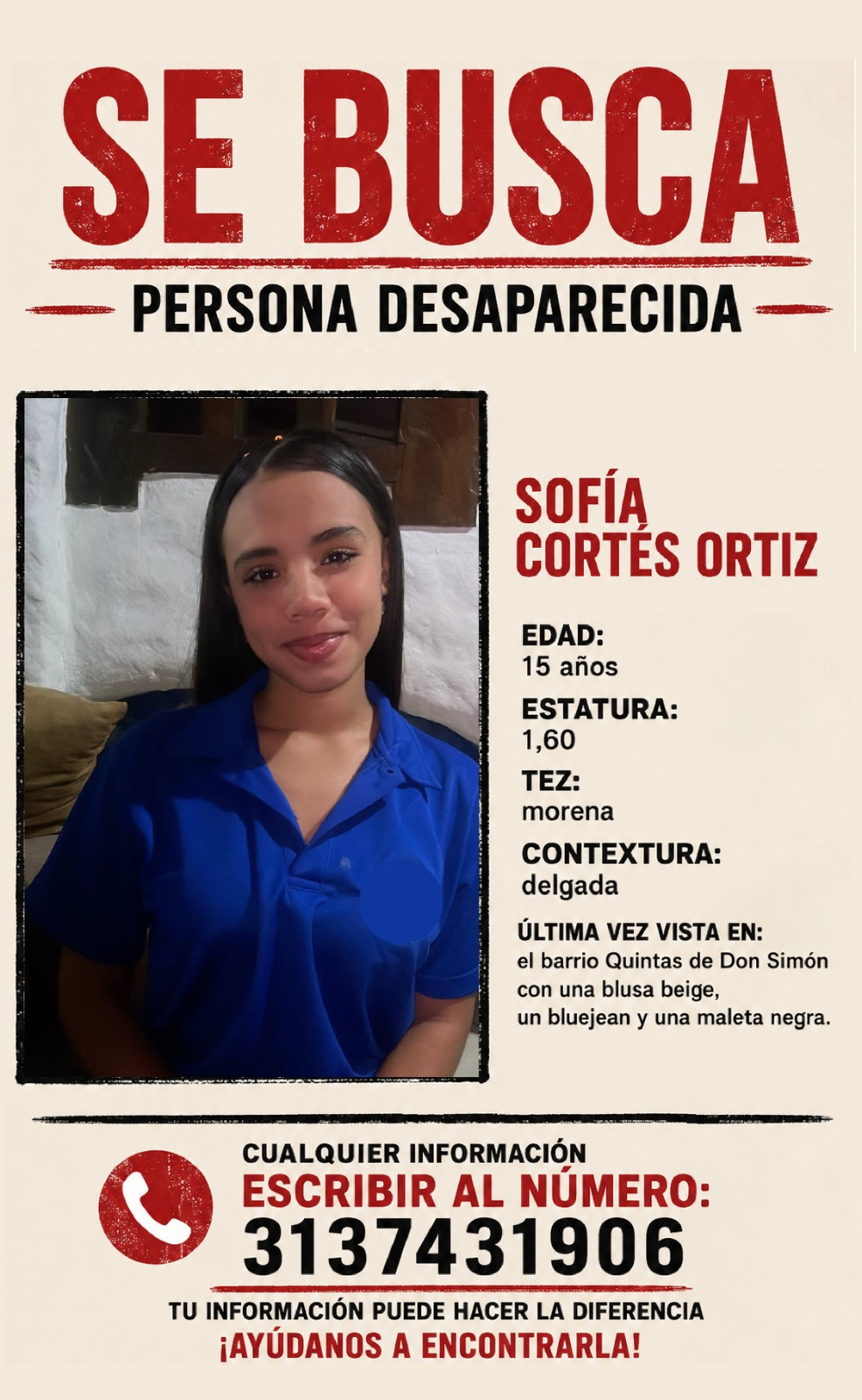 Buscan a Sofía Cortés Ortiz, quien desapareció en el sur de Cali.