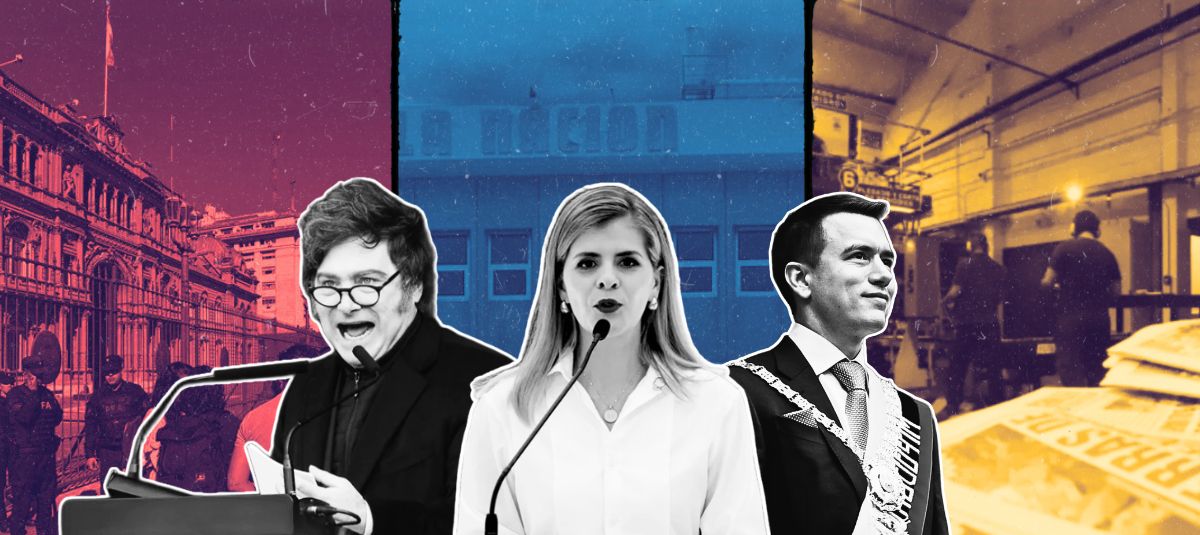 Javier Milei, presidente de Argentina; Laura Fernández, presidente de Costa Rica; y Daniel Noboa, presidente de Ecuador.
