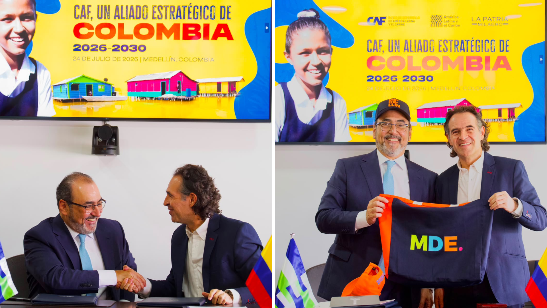 Sergio Díaz Granados, presidente ejecutivo de la CAF, y el alcalde Federico Gutiérrez, sellaron el millonario acuerdo estratégico.