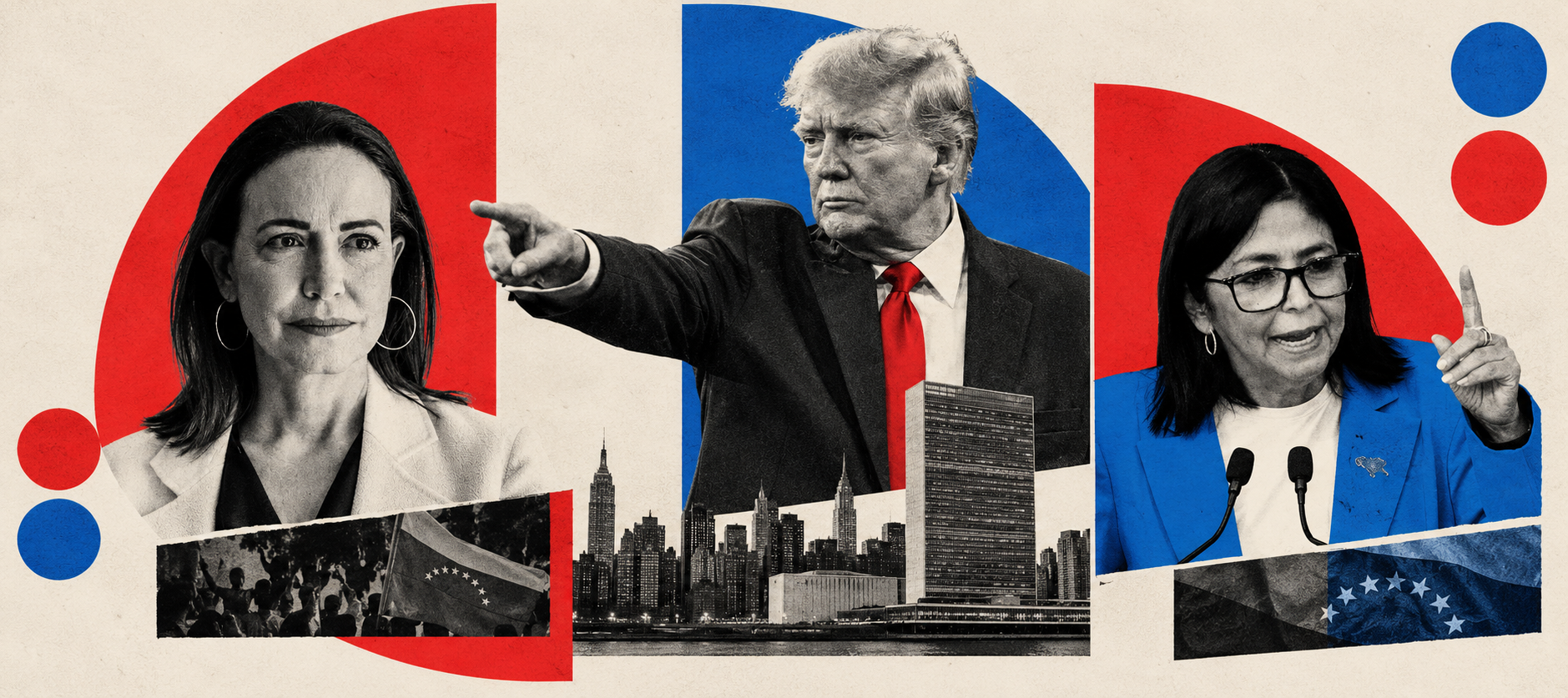 From left to right: María Corina Machado, Donald Trump and Delcy Rodríguez.