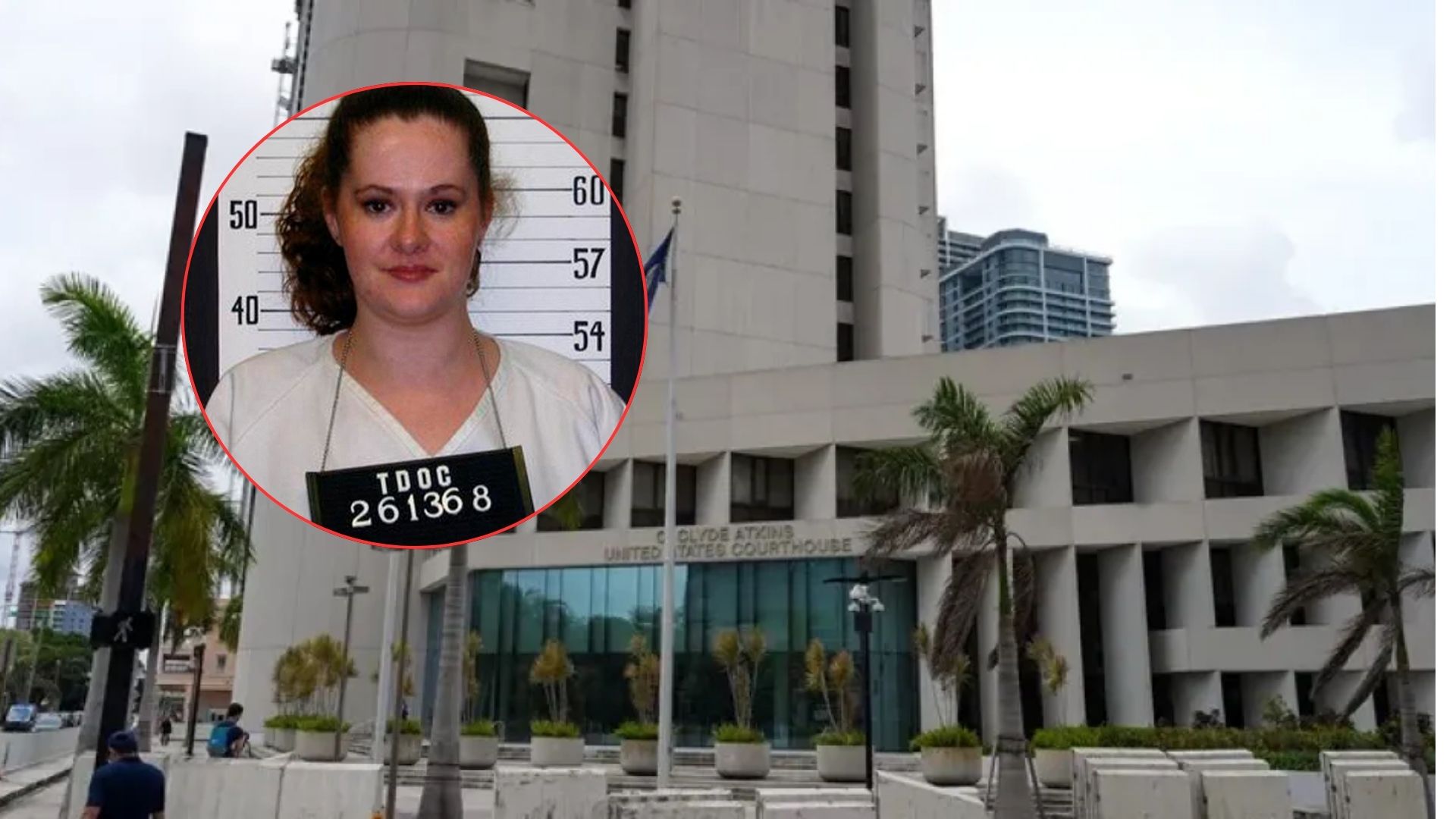 Photograph showing the facade of a United States courthouse and Christa Pike,