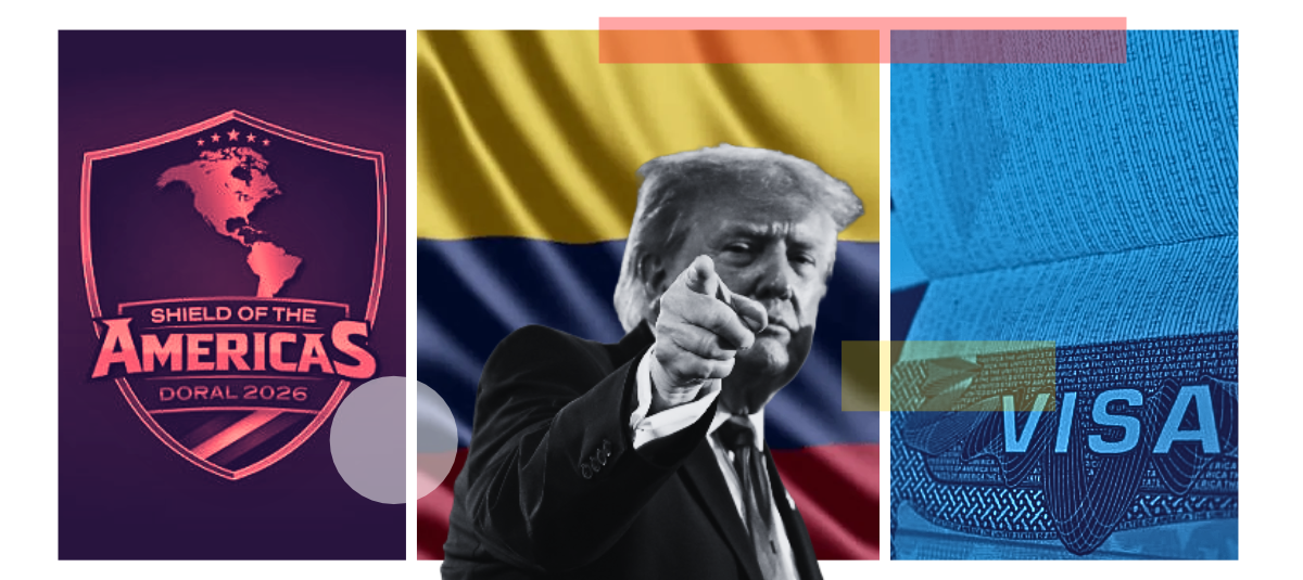 Collage Donald Trump visa escudo de las américas / colombia / visas